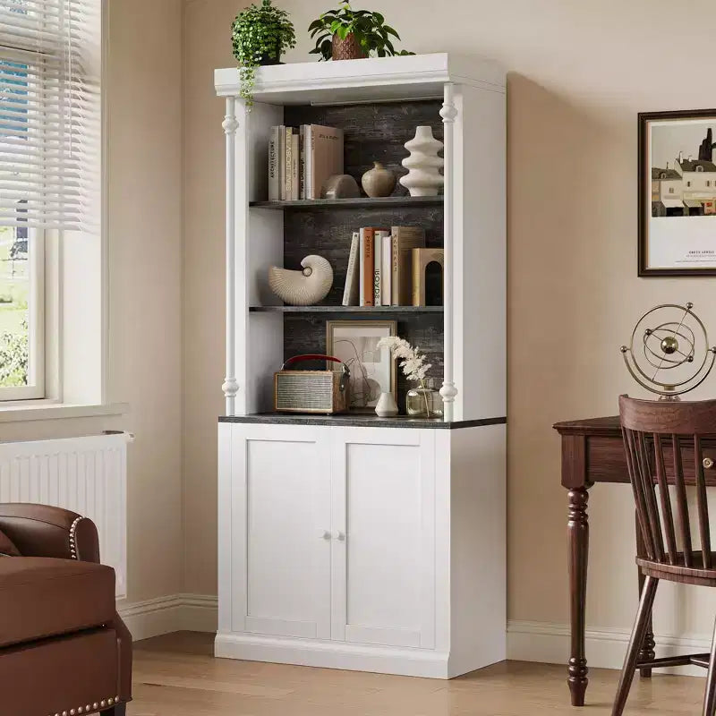 Tall Storage Bookcase with 3-Tier Open Shelves and Double Door, Roman Column Design, Wood Grain Display Storage Cabinet for Home Office, Living Room