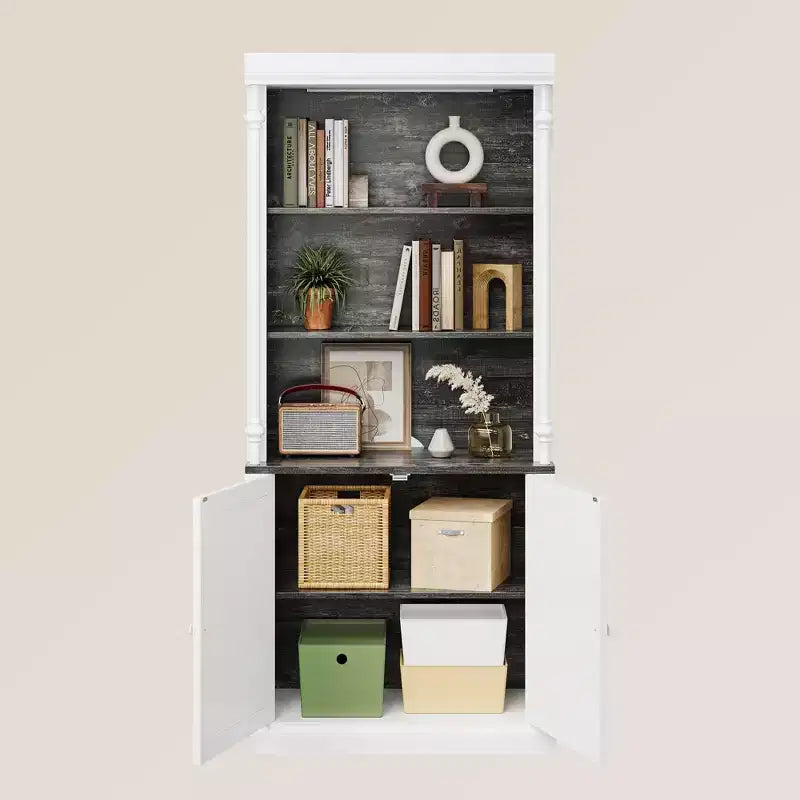 Bibliothèque haute de rangement avec 3 étagères ouvertes et une double porte, design colonne romaine, armoire de rangement et d'exposition en grain de bois pour bureau à domicile, salon
