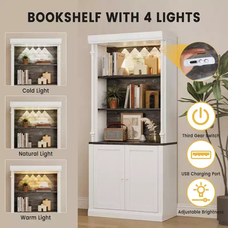 Bibliothèque haute de rangement avec 3 étagères ouvertes et une double porte, design colonne romaine, armoire de rangement et d'exposition en grain de bois pour bureau à domicile, salon