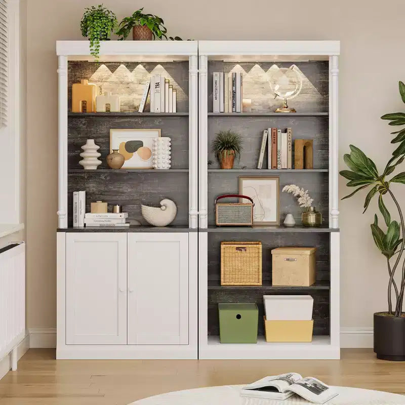 Bibliothèque haute de rangement avec 3 étagères ouvertes et une double porte, design colonne romaine, armoire de rangement et d'exposition en grain de bois pour bureau à domicile, salon
