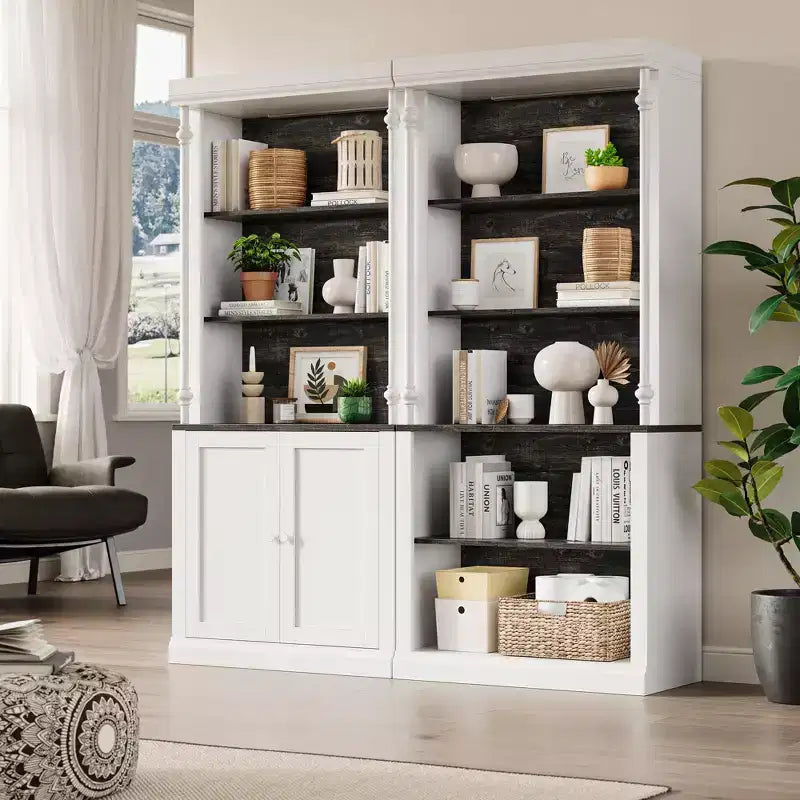 Bibliothèque haute de rangement avec 3 étagères ouvertes et une double porte, design colonne romaine, armoire de rangement et d'exposition en grain de bois pour bureau à domicile, salon