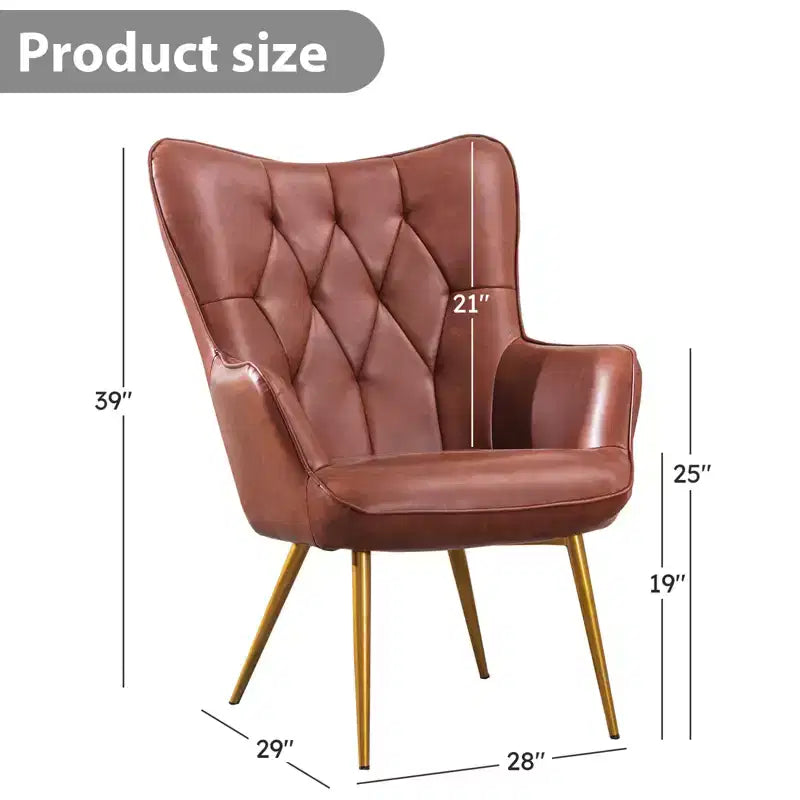 Fauteuil d'appoint en cuir marron rouge avec rembourrage moelleux et dossier à oreilles