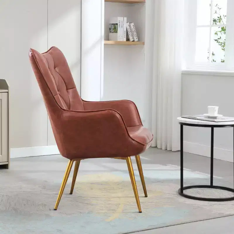 Fauteuil d'appoint en cuir marron rouge avec rembourrage moelleux et dossier à oreilles