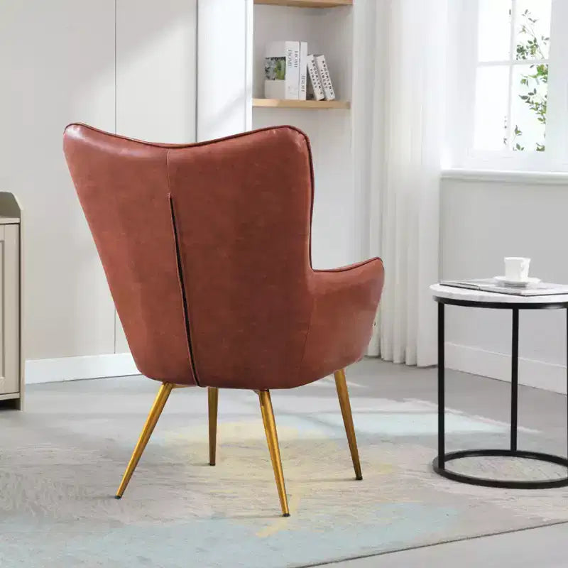 Fauteuil d'appoint en cuir marron rouge avec rembourrage moelleux et dossier à oreilles