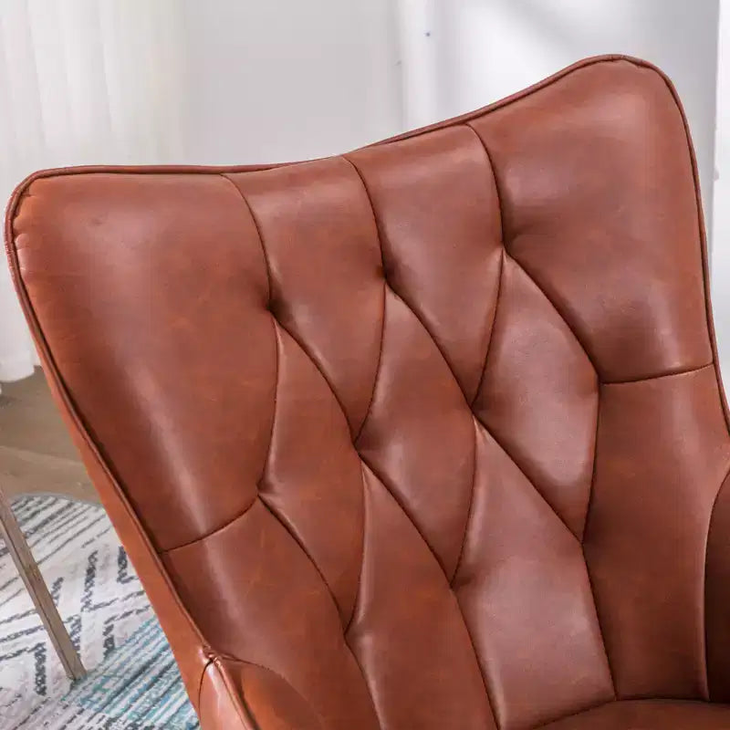 Fauteuil d'appoint en cuir marron rouge avec rembourrage moelleux et dossier à oreilles