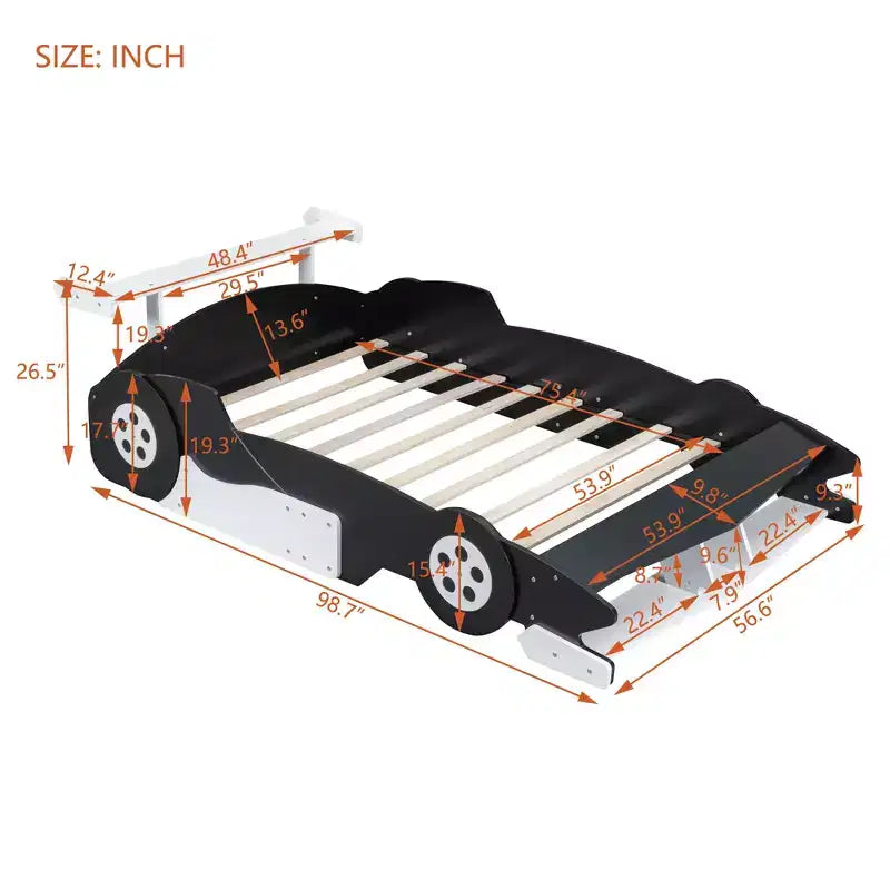 Lit plateforme simple en forme de voiture de course avec roulettes, au design unique