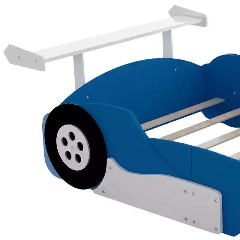 Lit plateforme simple en forme de voiture de course avec roulettes, au design unique