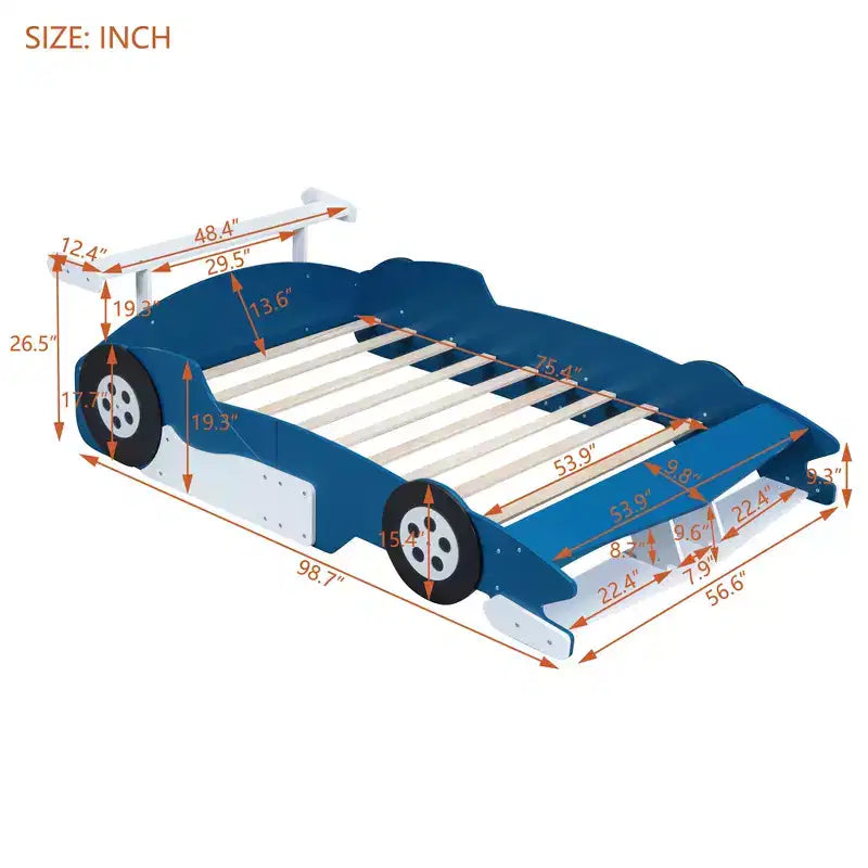 Lit plateforme simple en forme de voiture de course avec roulettes, au design unique