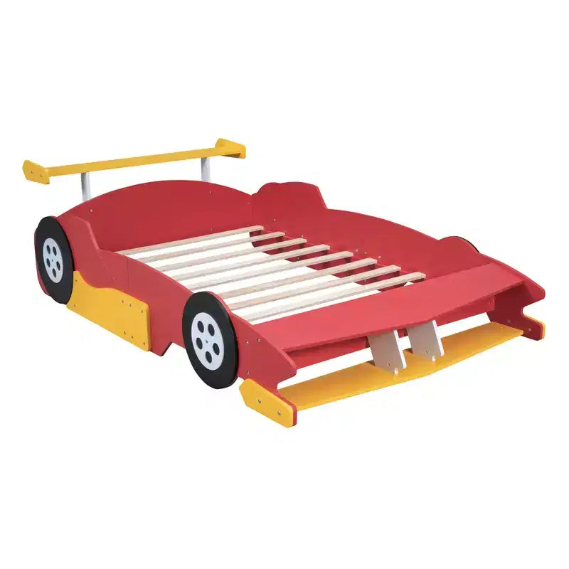 Lit plateforme simple en forme de voiture de course avec roulettes, au design unique