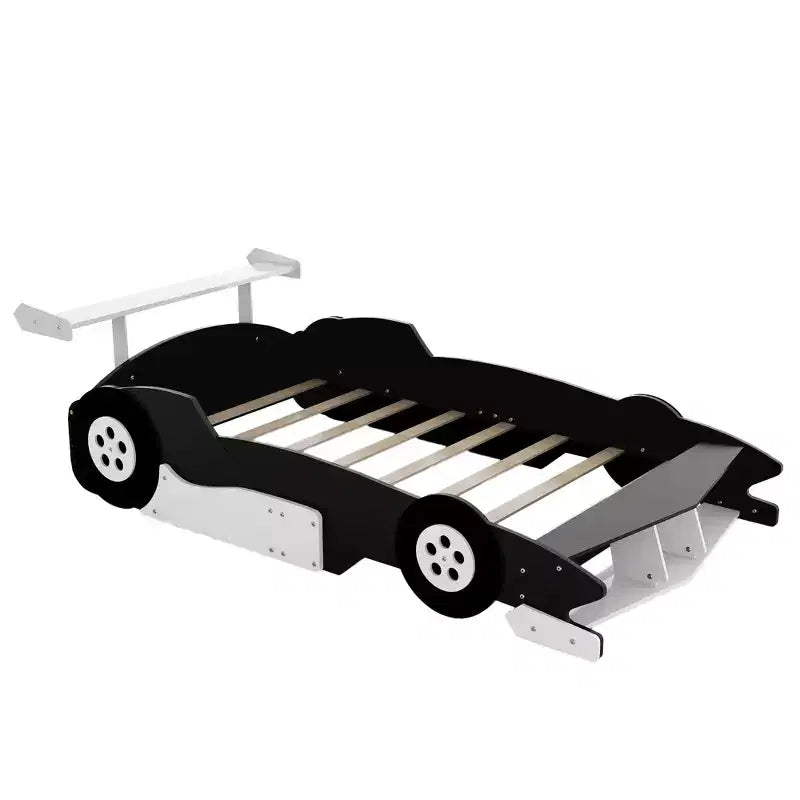 Lit plateforme simple en forme de voiture de course avec roulettes, au design unique