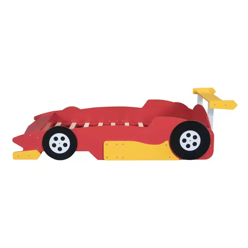 Lit plateforme simple en forme de voiture de course avec roulettes, au design unique