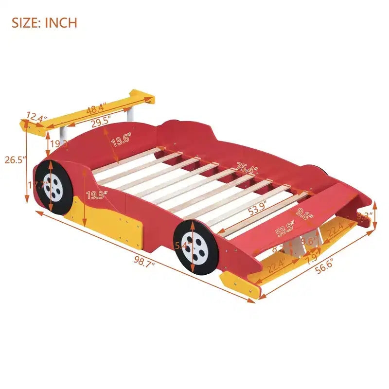 Lit plateforme simple en forme de voiture de course avec roulettes, au design unique