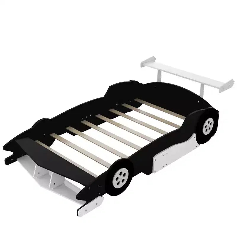 Lit plateforme simple en forme de voiture de course avec roulettes, au design unique