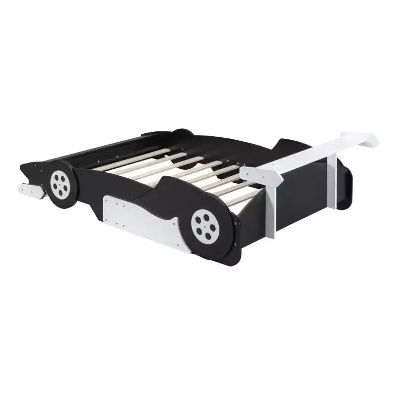 Lit plateforme simple en forme de voiture de course avec roulettes, au design unique