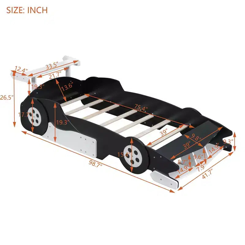 Lit plateforme simple en forme de voiture de course avec roulettes, au design unique