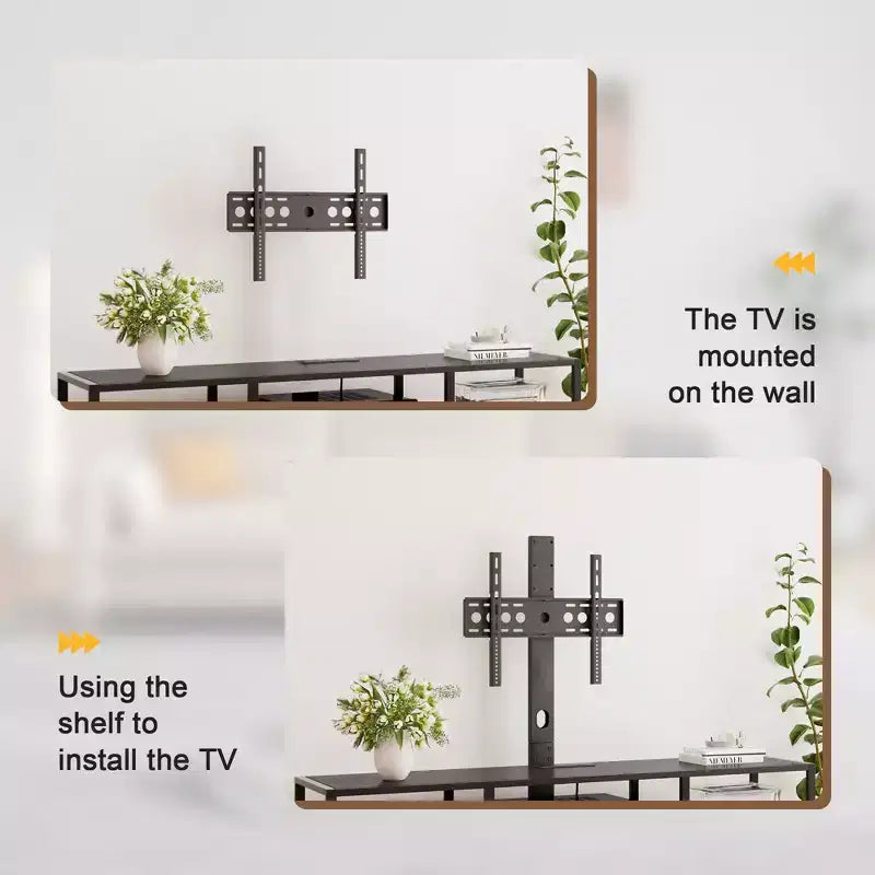 Meuble TV avec support et prise de courant, table console avec centre de divertissement réglable en hauteur avec étagères de rangement pour TV 70 pouces, noir/marron