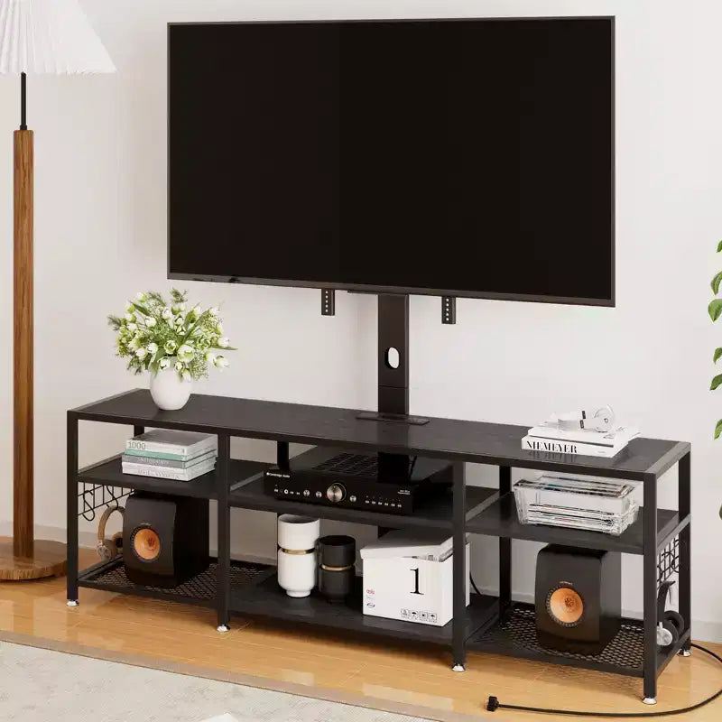 Meuble TV avec support et prise de courant, table console avec centre de divertissement réglable en hauteur avec étagères de rangement pour TV 70 pouces, noir/marron