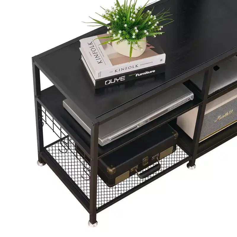Meuble TV avec support et prise de courant, table console avec centre de divertissement réglable en hauteur avec étagères de rangement pour TV 70 pouces, noir/marron