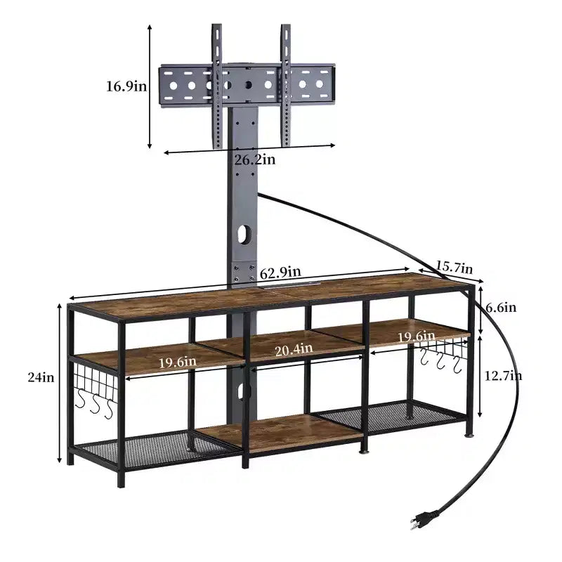 Meuble TV avec support et prise de courant, table console avec centre de divertissement réglable en hauteur avec étagères de rangement pour TV 70 pouces, noir/marron