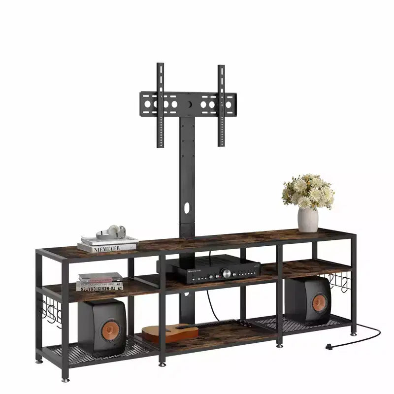 Meuble TV avec support et prise de courant, table console avec centre de divertissement réglable en hauteur avec étagères de rangement pour TV 70 pouces, noir/marron