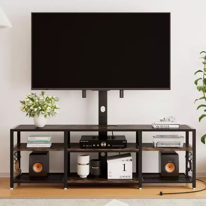 Meuble TV avec support et prise de courant, table console avec centre de divertissement réglable en hauteur avec étagères de rangement pour TV 70 pouces, noir/marron