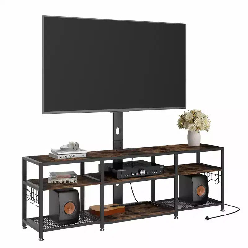 Meuble TV avec support et prise de courant, table console avec centre de divertissement réglable en hauteur avec étagères de rangement pour TV 70 pouces, noir/marron