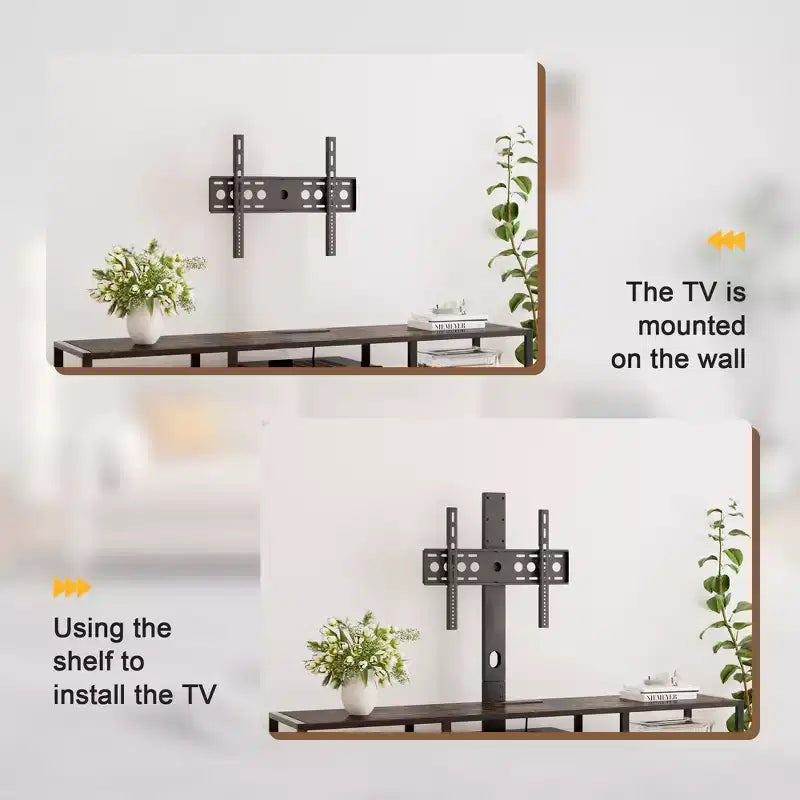 Meuble TV avec support et prise de courant, table console avec centre de divertissement réglable en hauteur avec étagères de rangement pour TV 70 pouces, noir/marron