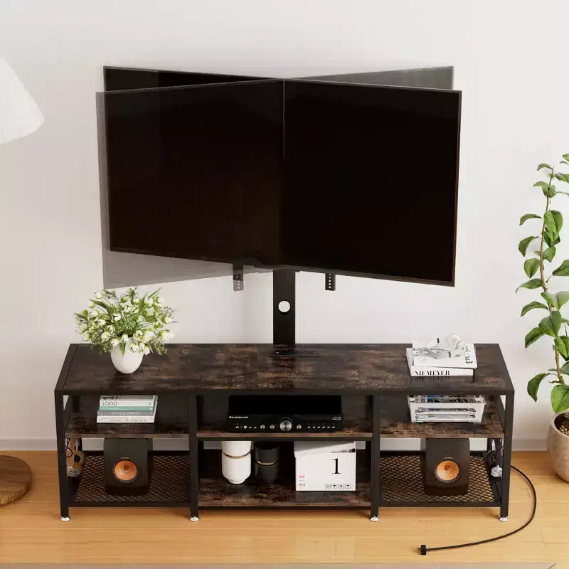 Meuble TV avec support et prise de courant, table console avec centre de divertissement réglable en hauteur avec étagères de rangement pour TV 70 pouces, noir/marron