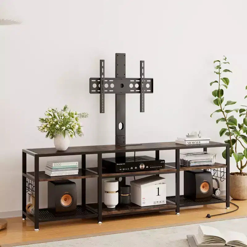 Meuble TV avec support et prise de courant, table console avec centre de divertissement réglable en hauteur avec étagères de rangement pour TV 70 pouces, noir/marron