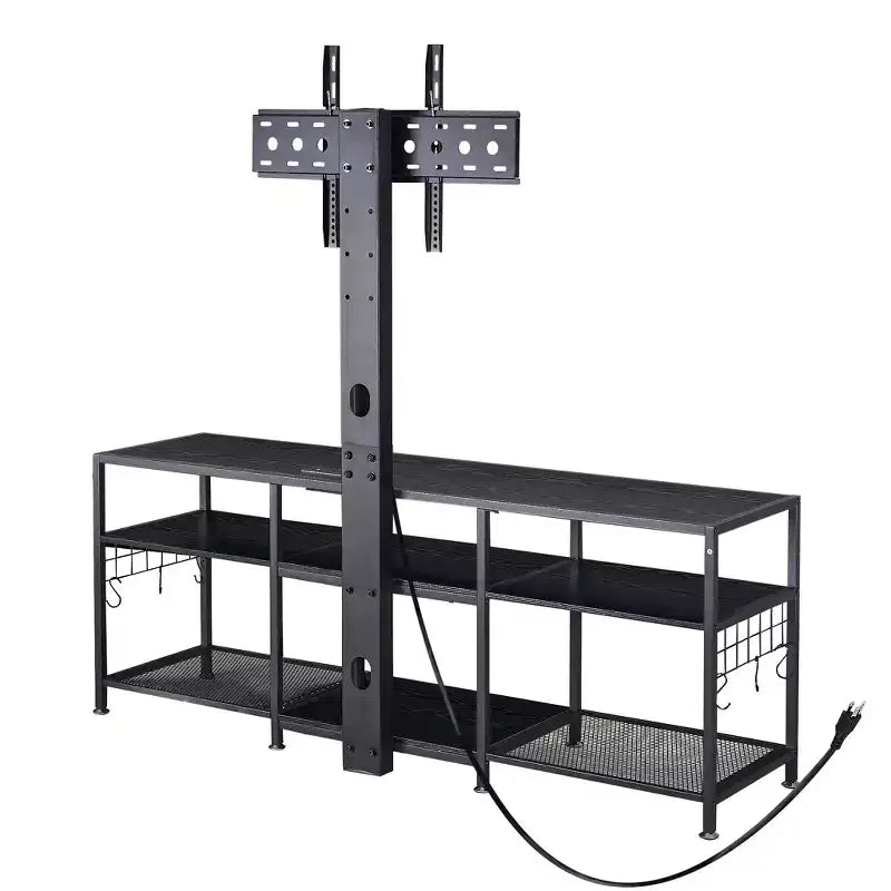 Meuble TV avec support et prise de courant, table console avec centre de divertissement réglable en hauteur avec étagères de rangement pour TV 70 pouces, noir/marron