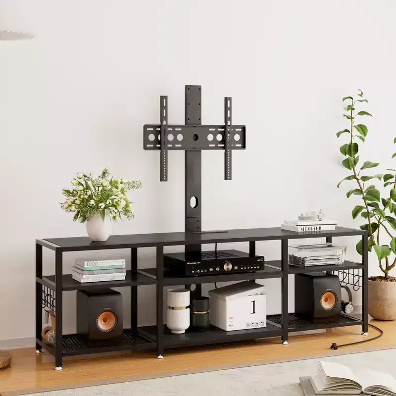 Meuble TV avec support et prise de courant, table console avec centre de divertissement réglable en hauteur avec étagères de rangement pour TV 70 pouces, noir/marron