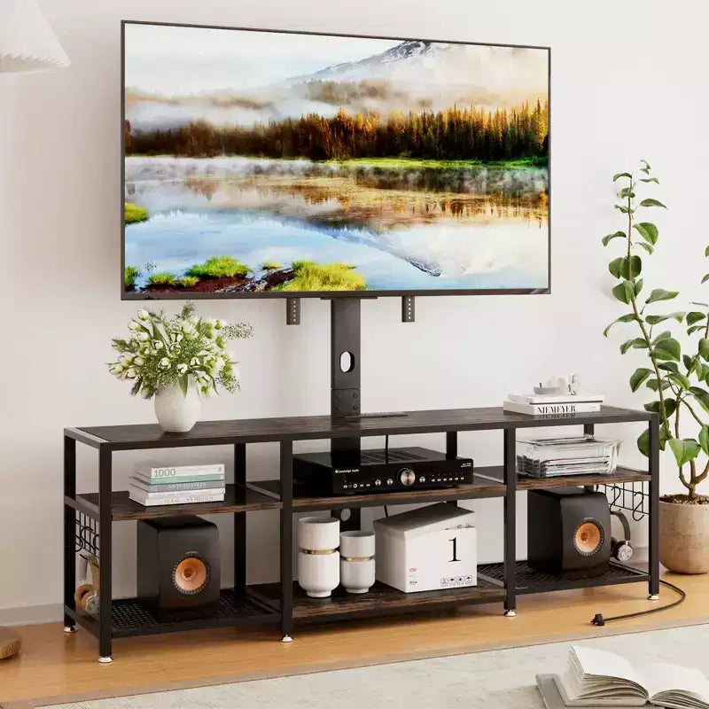 Meuble TV avec support et prise de courant, table console avec centre de divertissement réglable en hauteur avec étagères de rangement pour TV 70 pouces, noir/marron