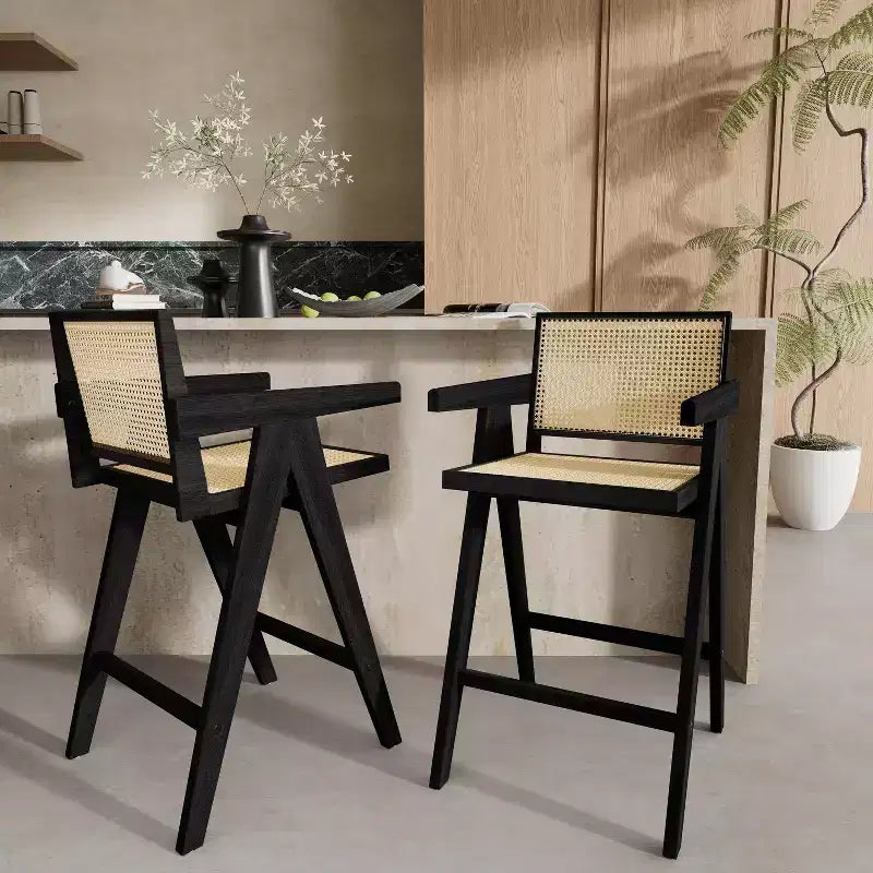 Christopher Knight Home Kelly Modern Minimalist Rubberwood Bar Stools with Cane Design (Set of 2)