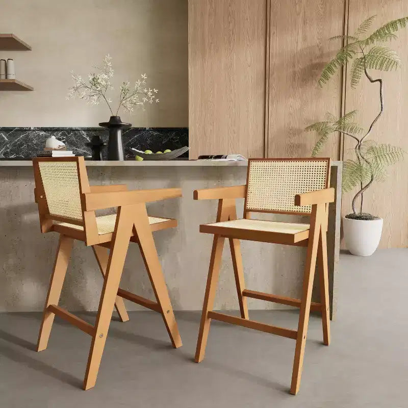 Tabourets de bar modernes minimalistes en bois d'hévéa et design en rotin
