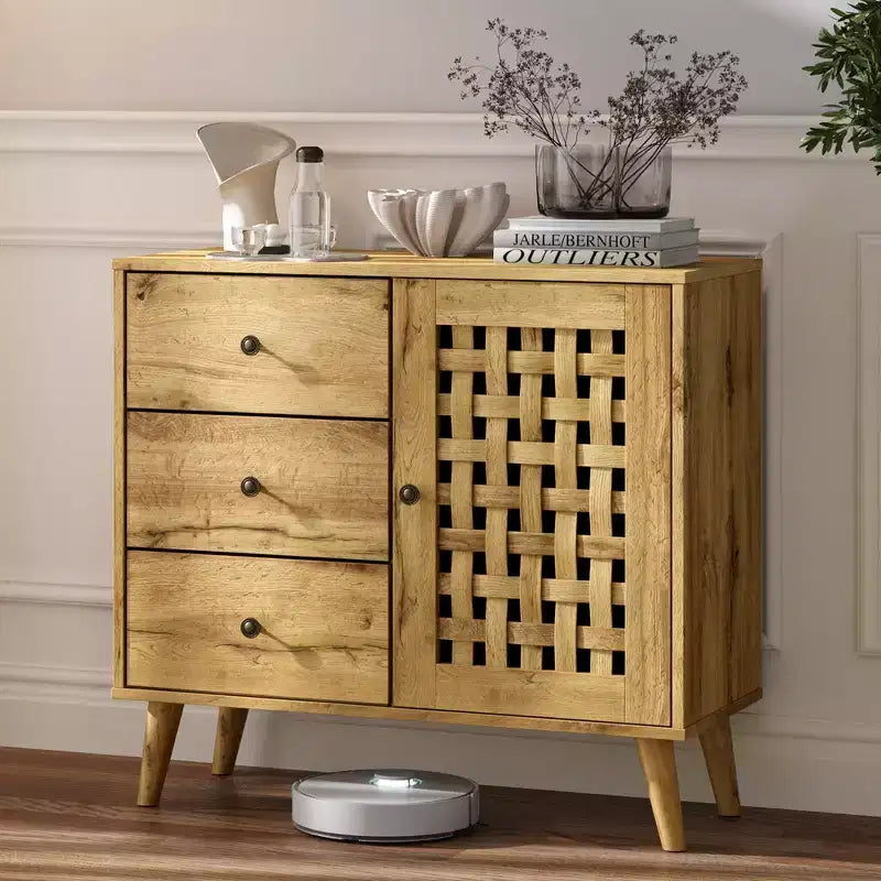 Meuble d'appoint avec tiroirs, Meuble d'entrée avec pieds en chêne, Buffet décoratif en bois avec étagère réglable et portes, Naturel