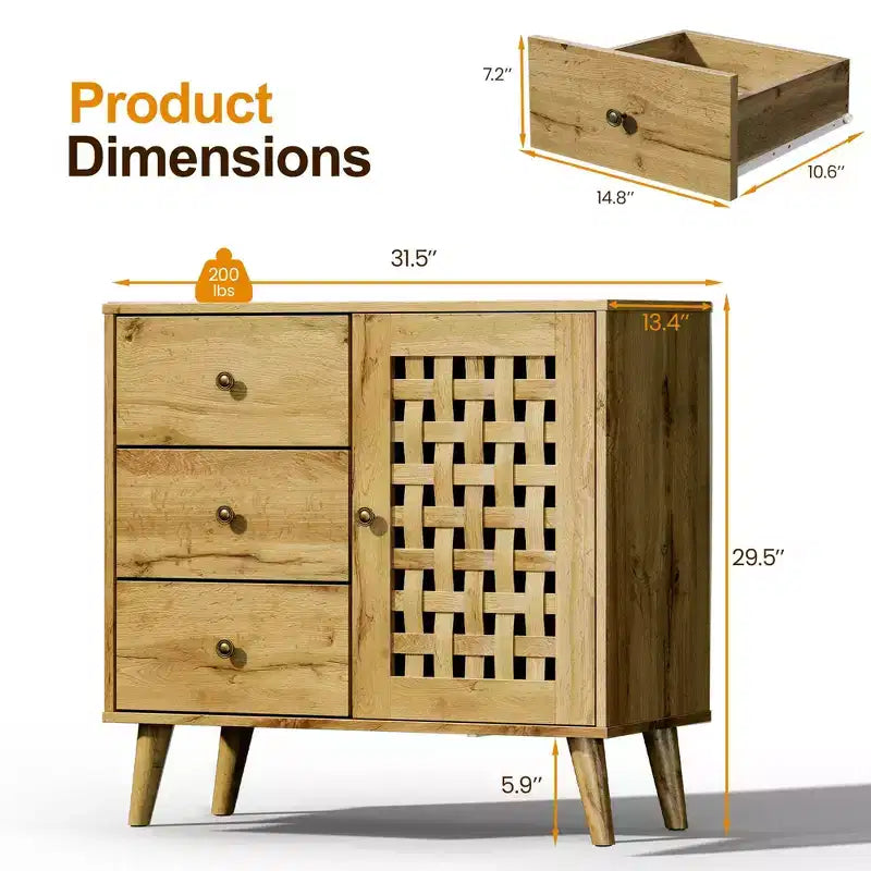 Meuble d'appoint avec tiroirs, Meuble d'entrée avec pieds en chêne, Buffet décoratif en bois avec étagère réglable et portes, Naturel