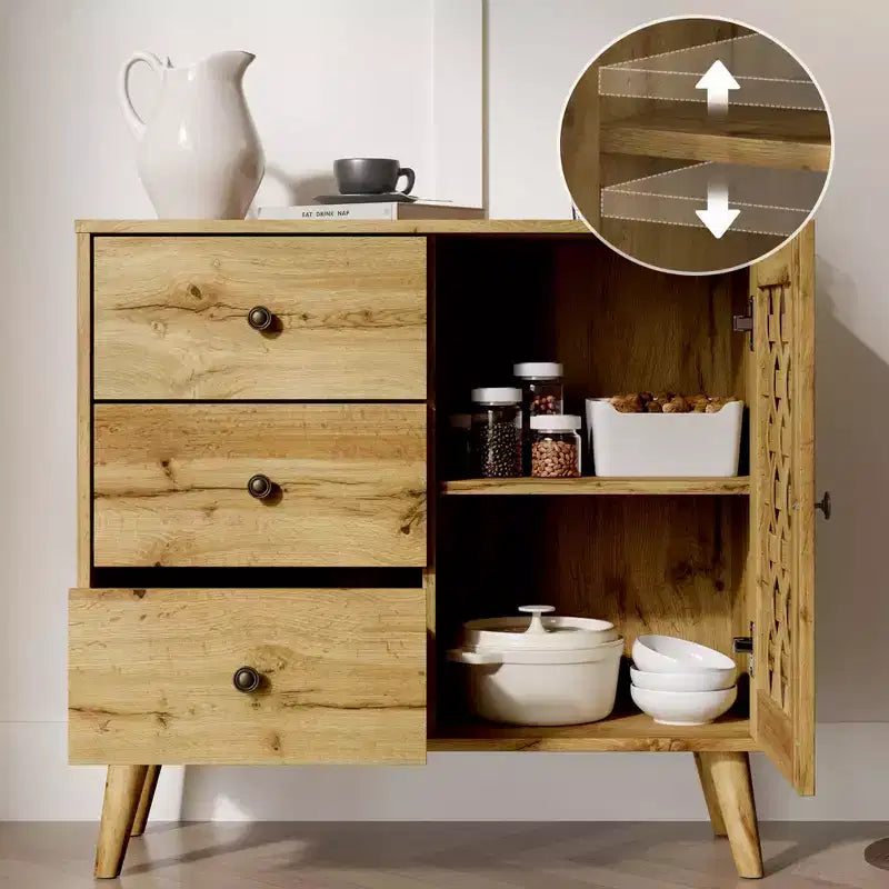 Meuble d'appoint avec tiroirs, Meuble d'entrée avec pieds en chêne, Buffet décoratif en bois avec étagère réglable et portes, Naturel
