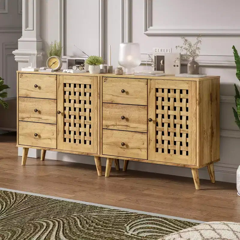 Meuble d'appoint avec tiroirs, Meuble d'entrée avec pieds en chêne, Buffet décoratif en bois avec étagère réglable et portes, Naturel