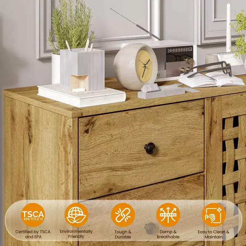 Meuble d'appoint avec tiroirs, Meuble d'entrée avec pieds en chêne, Buffet décoratif en bois avec étagère réglable et portes, Naturel