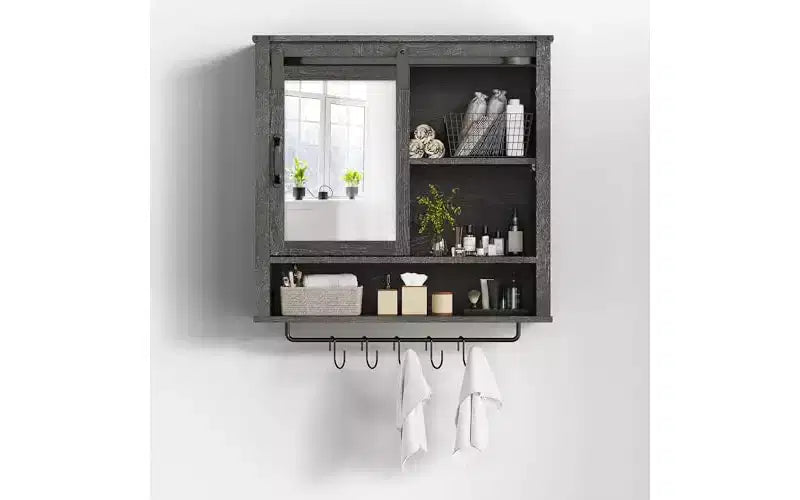 Heynemo Bathroom Cabinet Wall Mounted, Bathroom Medicine Cabinet with Door Adjustable Shelves & Towels Bars, Dark Grey