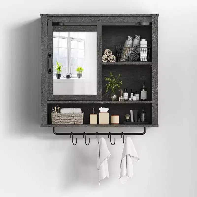Meuble Haut de Salle de Bain Mural, Armoire de Toilette avec Porte, Étagères Réglables et Barres Porte-Serviettes, Gris Foncé