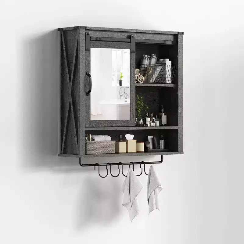 Meuble Haut de Salle de Bain Mural, Armoire de Toilette avec Porte, Étagères Réglables et Barres Porte-Serviettes, Gris Foncé