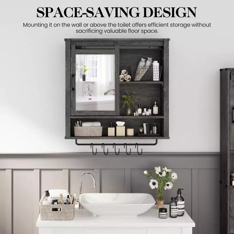 Meuble Haut de Salle de Bain Mural, Armoire de Toilette avec Porte, Étagères Réglables et Barres Porte-Serviettes, Gris Foncé