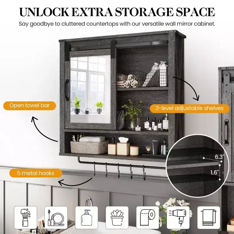 Meuble Haut de Salle de Bain Mural, Armoire de Toilette avec Porte, Étagères Réglables et Barres Porte-Serviettes, Gris Foncé