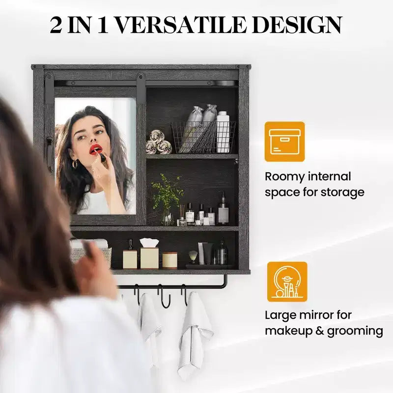 Meuble Haut de Salle de Bain Mural, Armoire de Toilette avec Porte, Étagères Réglables et Barres Porte-Serviettes, Gris Foncé