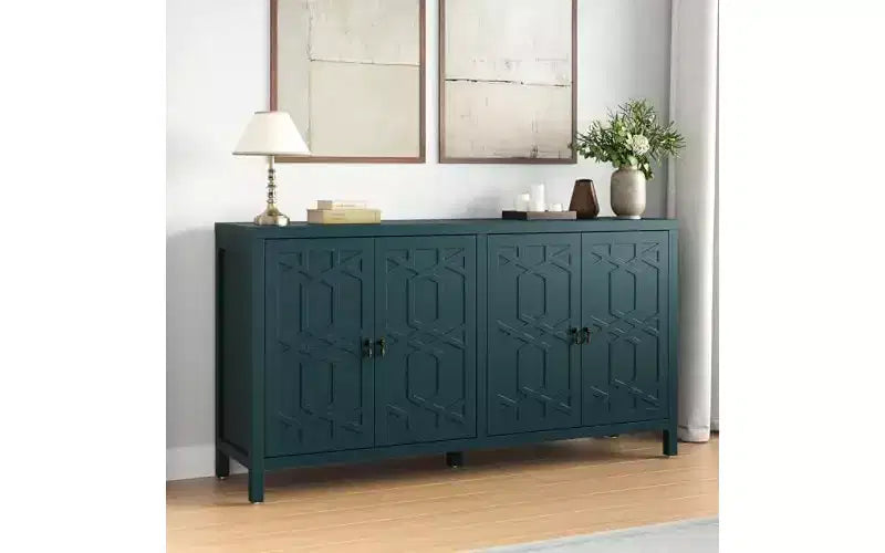 Buffet de salle à manger, buffet de 152 cm de style moderne du milieu du siècle avec 4 portes et étagères réglables, buffet pour entrée, bleu turquoise