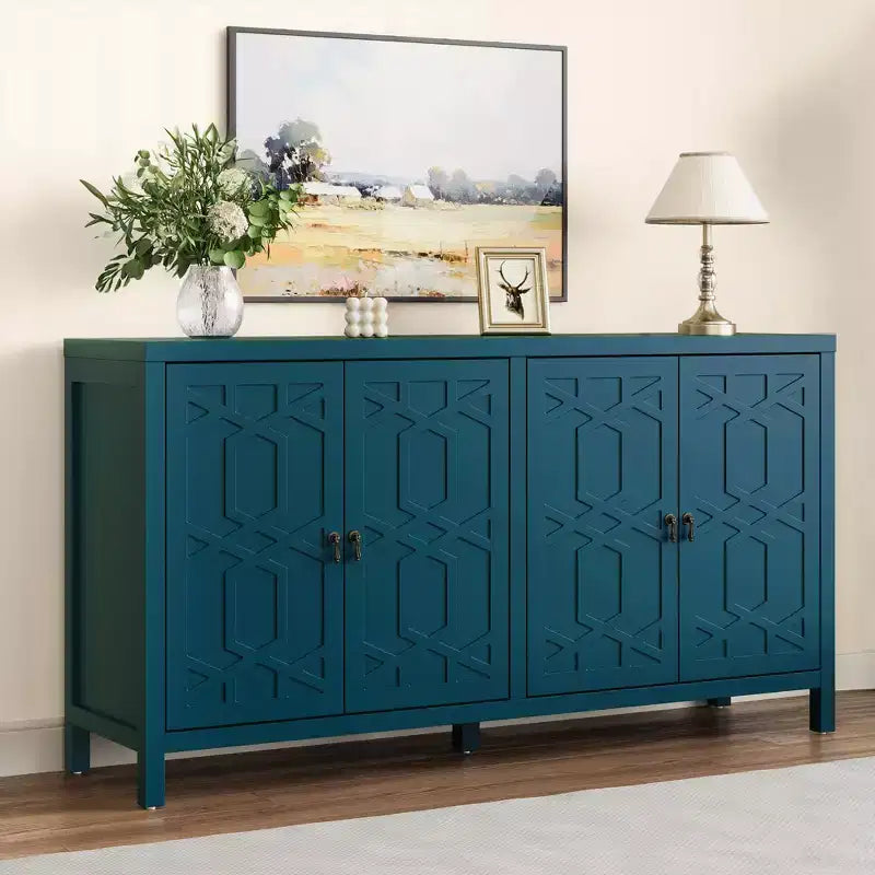 Buffet de salle à manger, buffet de 152 cm de style moderne du milieu du siècle avec 4 portes et étagères réglables, buffet pour entrée, bleu turquoise