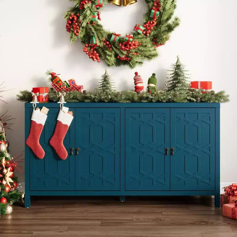 Buffet de salle à manger, buffet de 152 cm de style moderne du milieu du siècle avec 4 portes et étagères réglables, buffet pour entrée, bleu turquoise