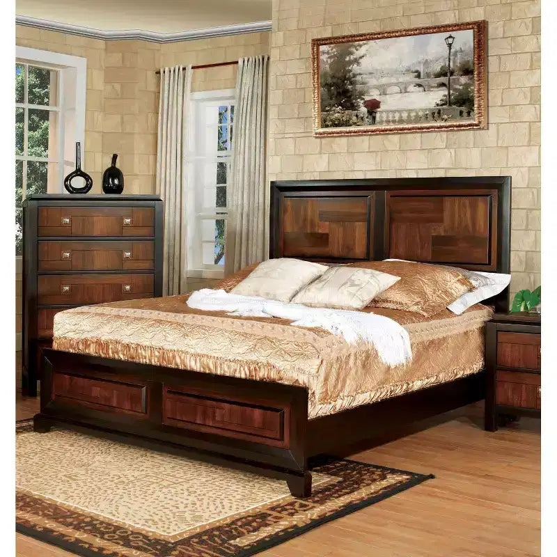 GDFStudio Ben Transitional Acacia Solid Wood Queen Bed with Parquet Design Headboard
