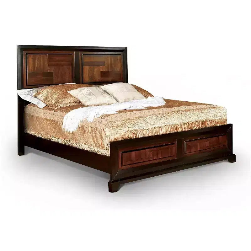 Lit Queen en bois massif d'acacia de style transitionnel avec tête de lit à motif de parquet
